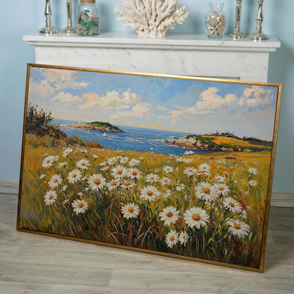 Seaside Wildflower Coastal Landscape Canvas in rose gold floating frame