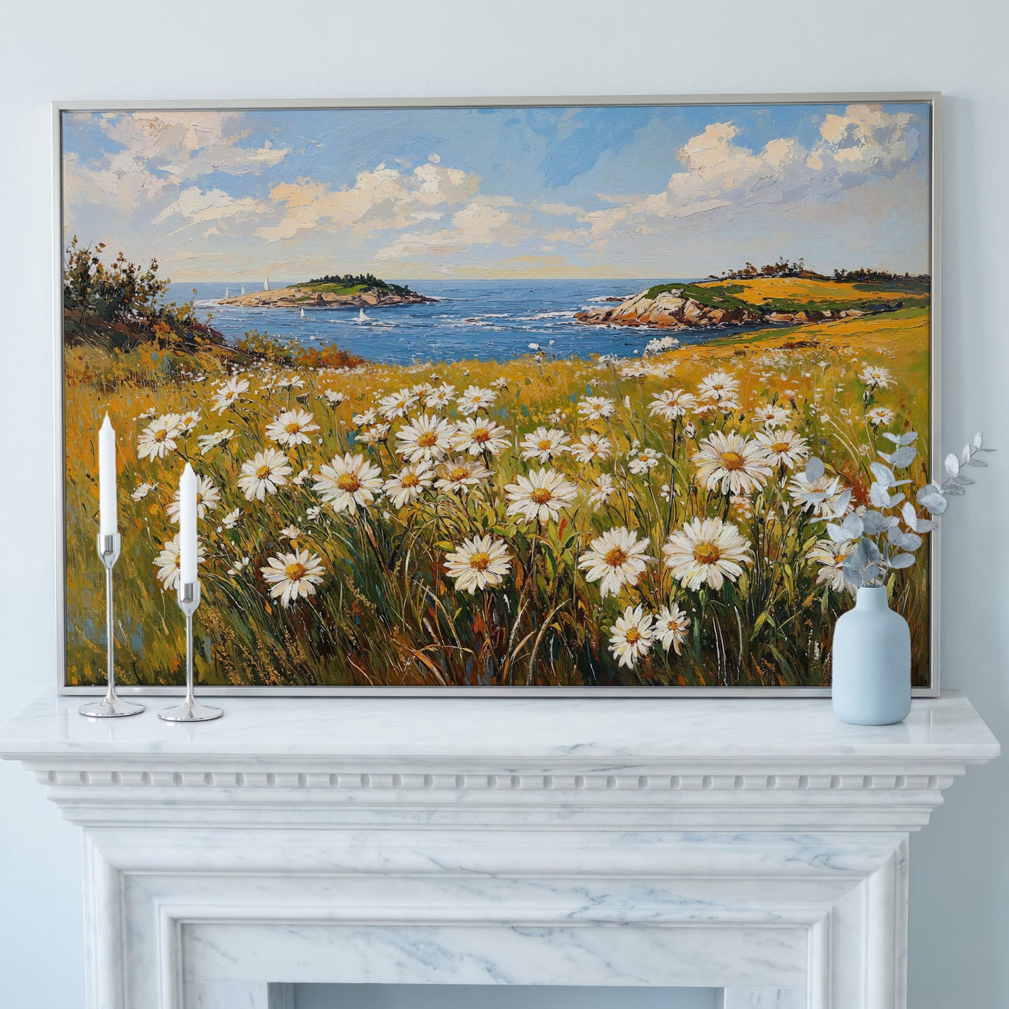 Seaside Wildflower Coastal Landscape Canvas in silver floating frame