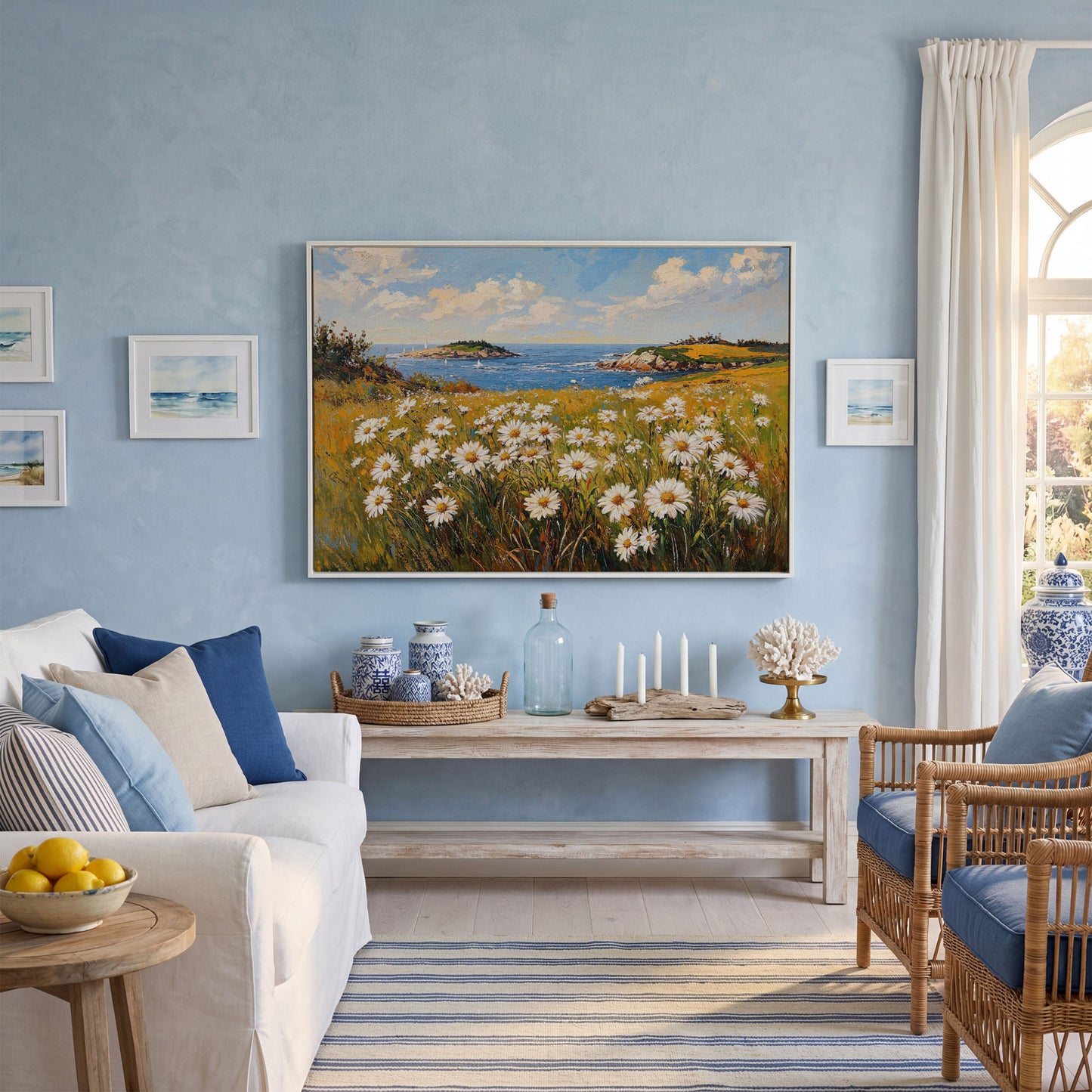 Seaside Wildflower Coastal Landscape Canvas in white floating frame