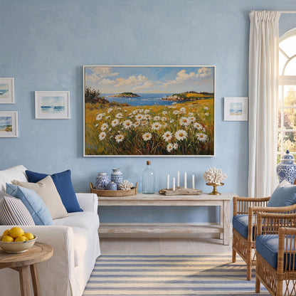 Seaside Wildflower Coastal Landscape Canvas in white floating frame