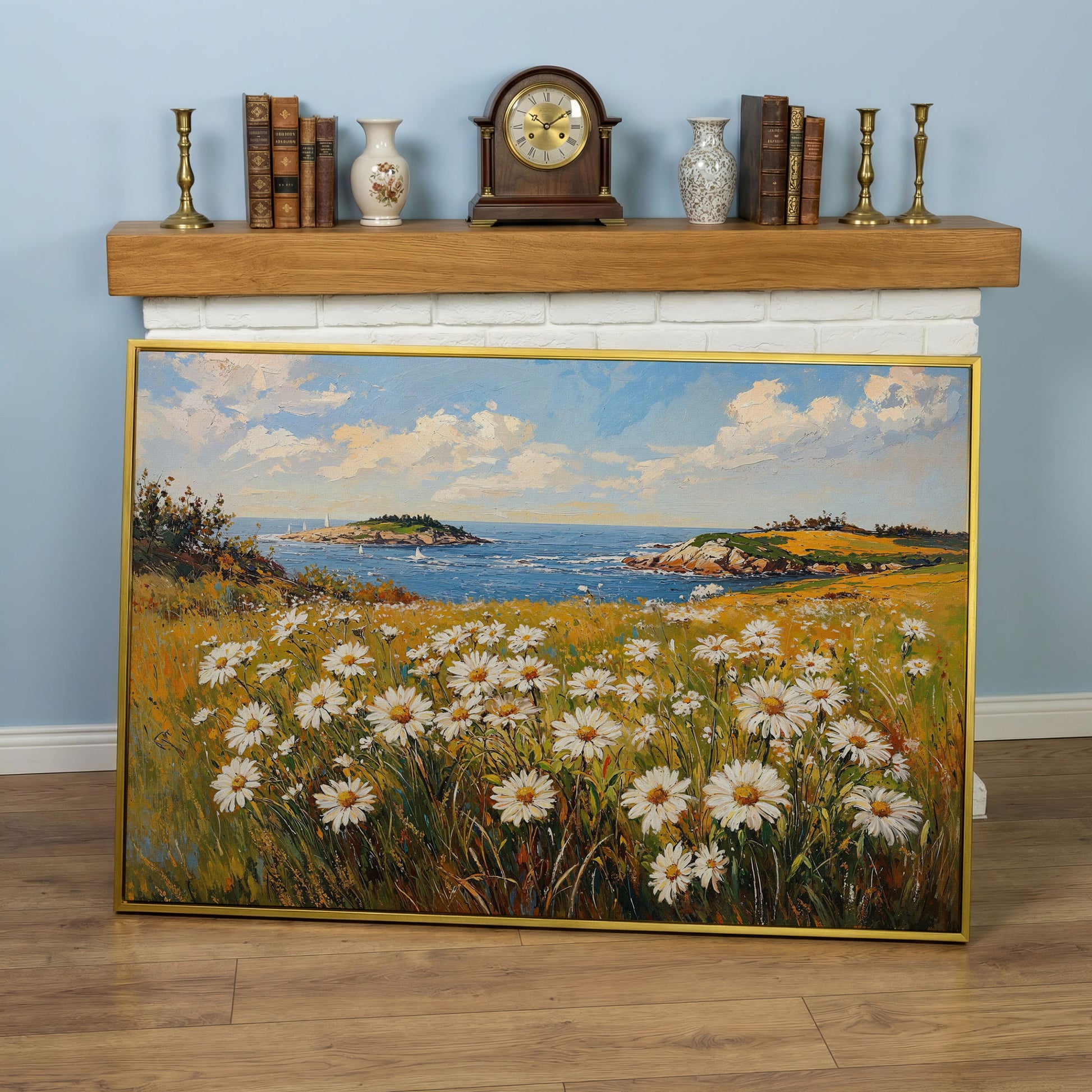 Seaside Wildflower Coastal Landscape Canvas in yellow gold floating frame