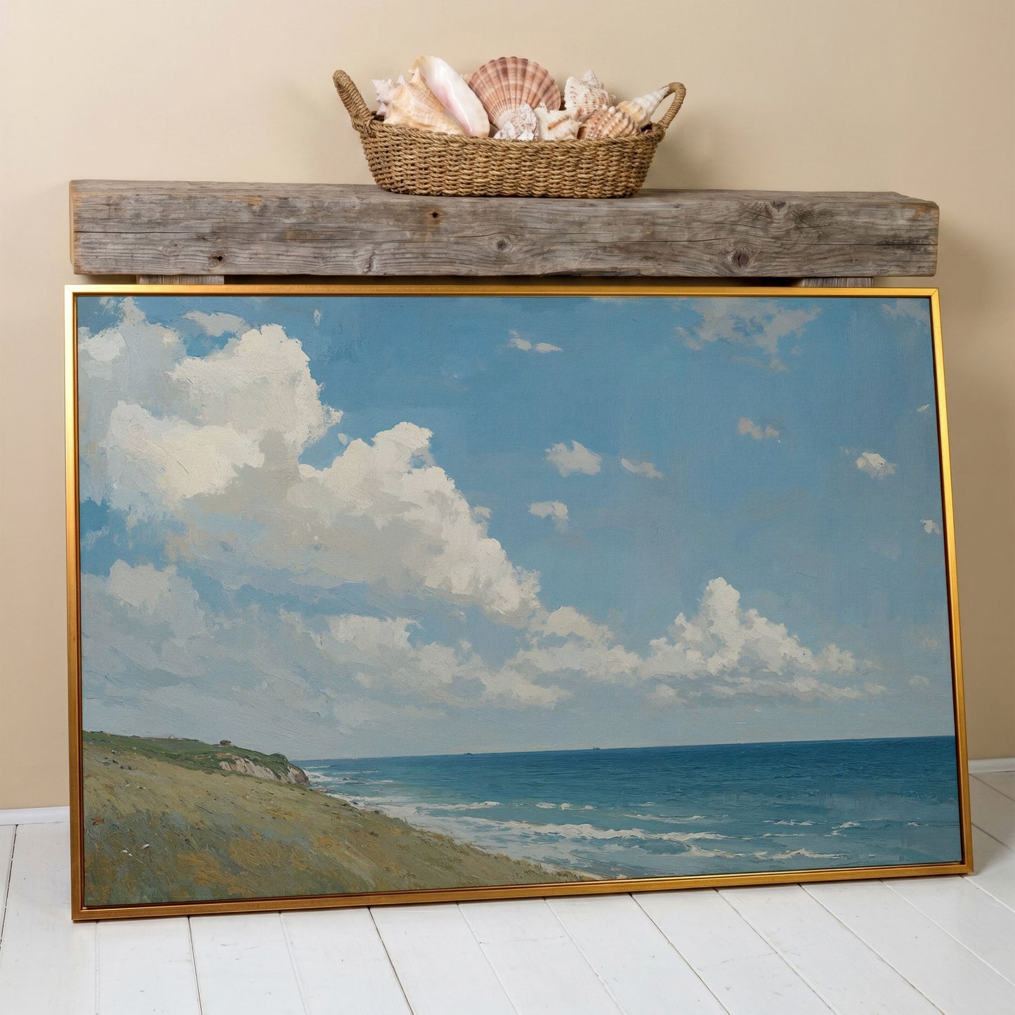 Serene Coastal Cliff Seascape Canvas in antique gold floating frame