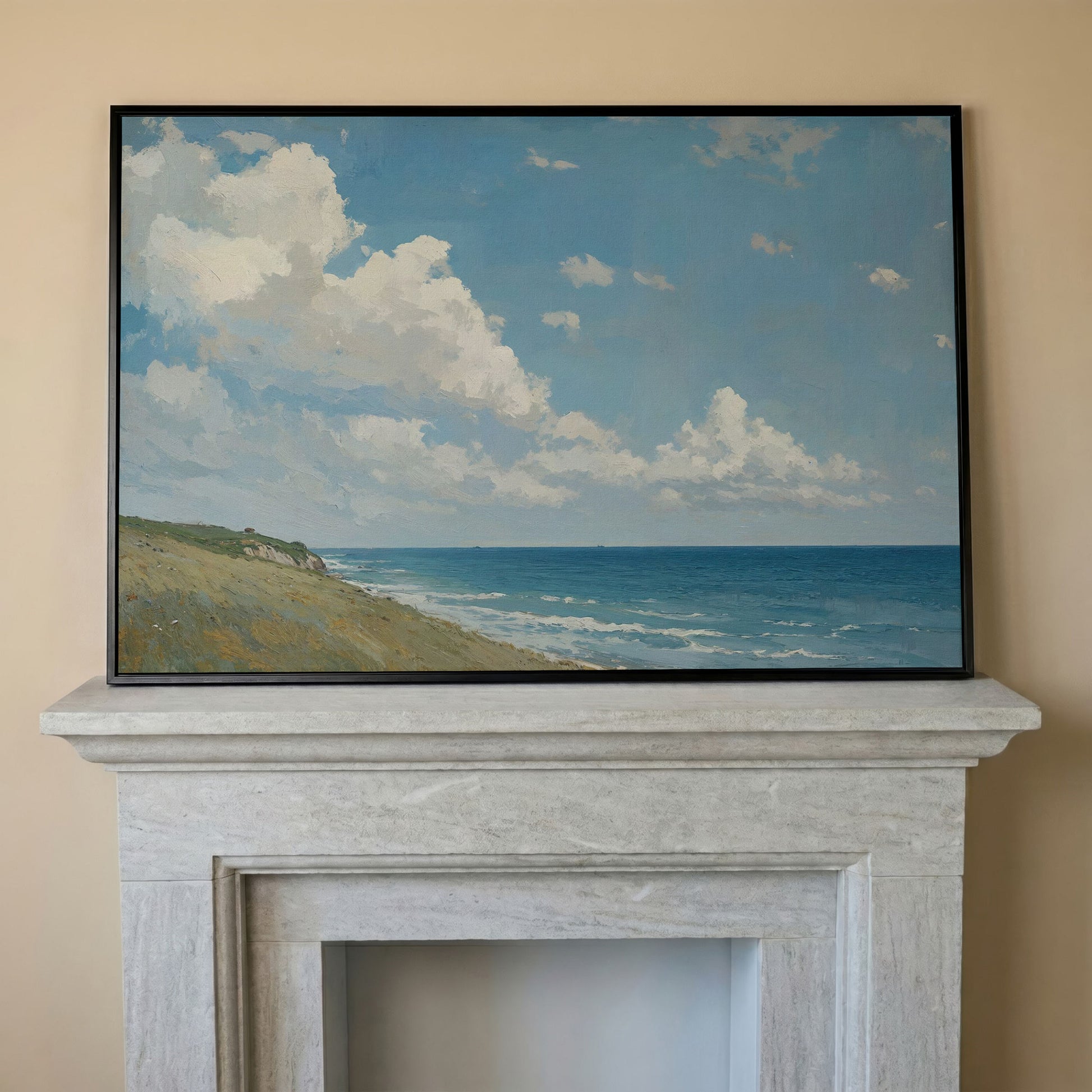 Serene Coastal Cliff Seascape Canvas in black floating frame
