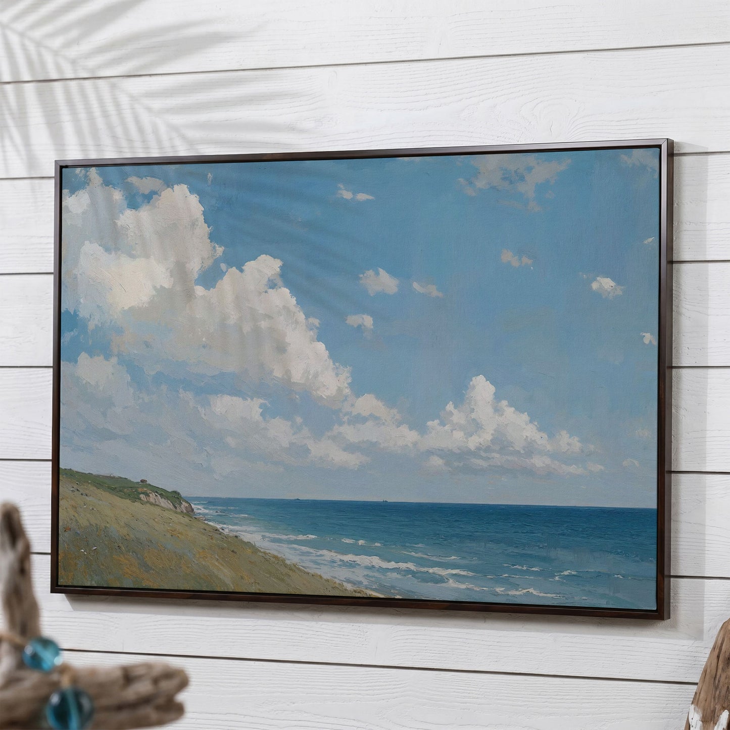 Serene Coastal Cliff Seascape Canvas in dark walnut floating frame
