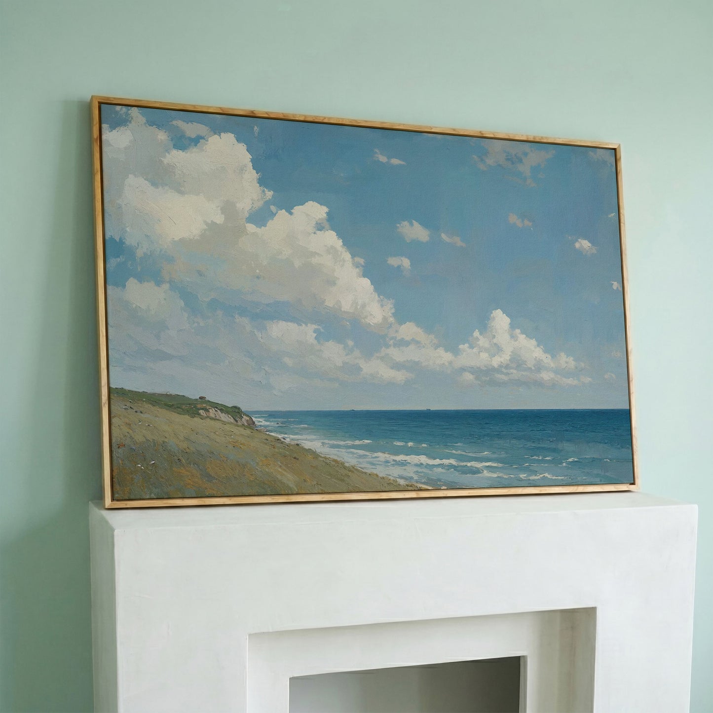 Serene Coastal Cliff Seascape Canvas in white oak floating frame
