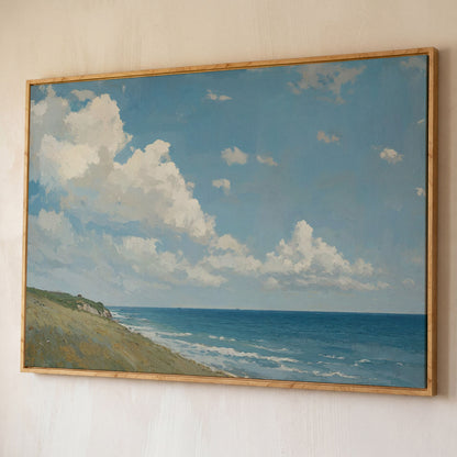 Serene Coastal Cliff Seascape Canvas shown in white oak floating frame