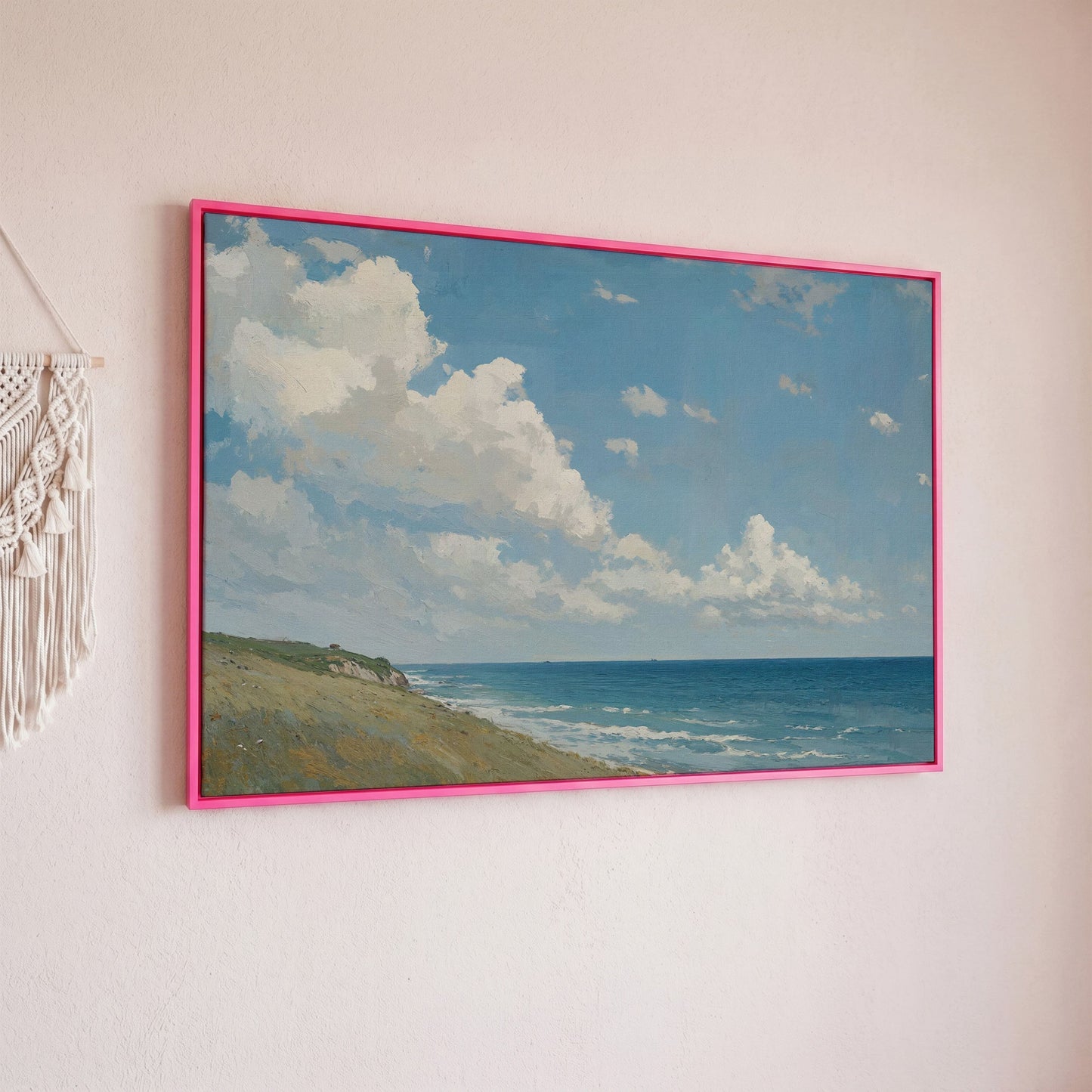 Serene Coastal Cliff Seascape Canvas in pink floating frame