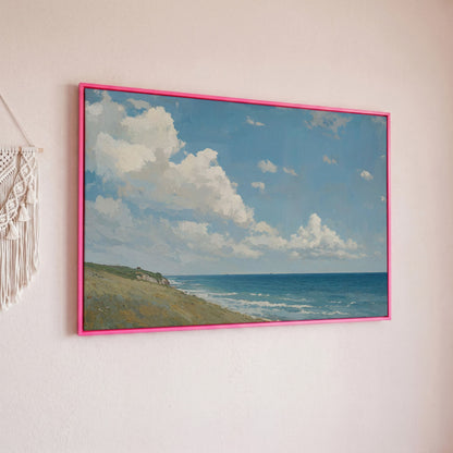 Serene Coastal Cliff Seascape Canvas in pink floating frame