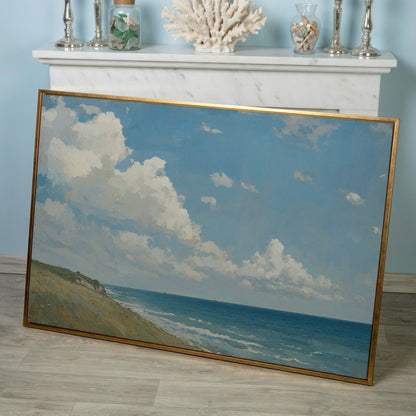 Serene Coastal Cliff Seascape Canvas in rose gold floating frame