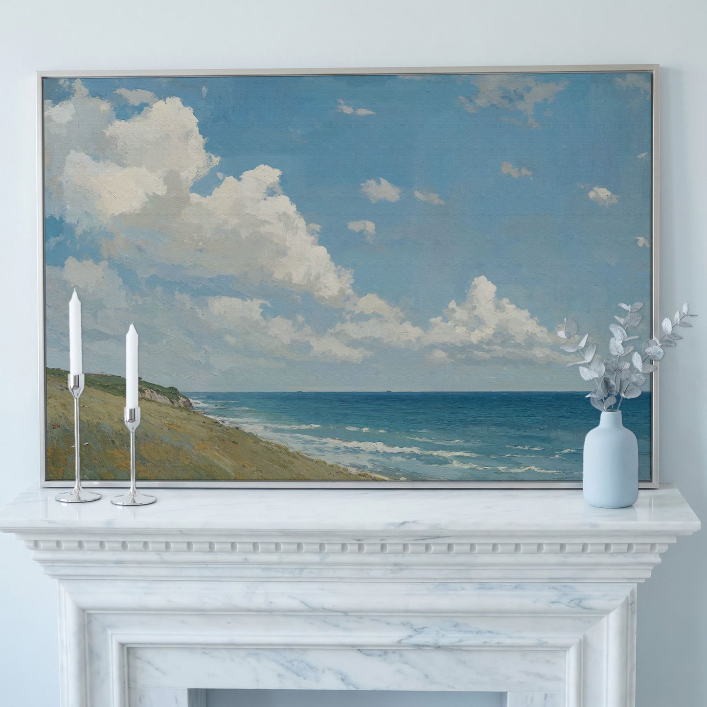 Serene Coastal Cliff Seascape Canvas in silver floating frame