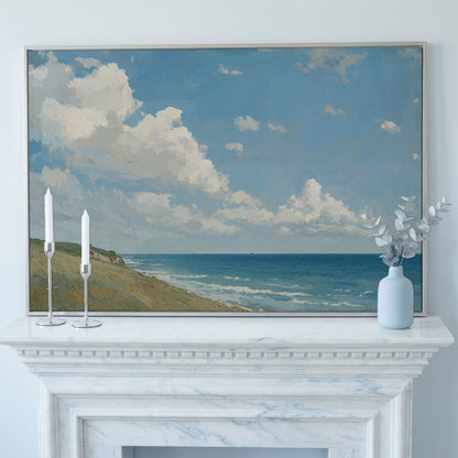 Serene Coastal Cliff Seascape Canvas in silver floating frame