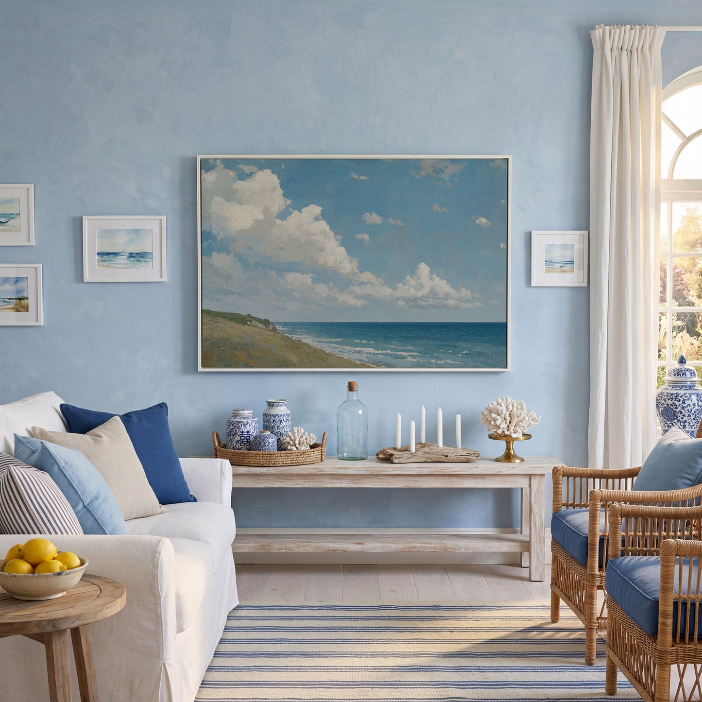 Serene Coastal Cliff Seascape Canvas in white floating frame
