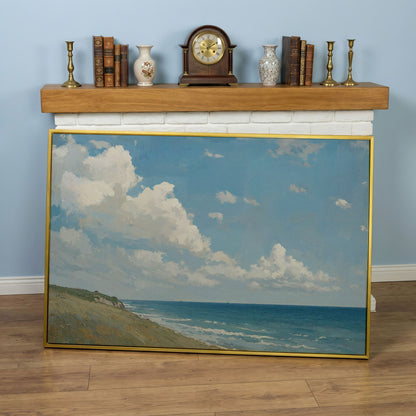 Serene Coastal Cliff Seascape Canvas in yellow gold floating frame