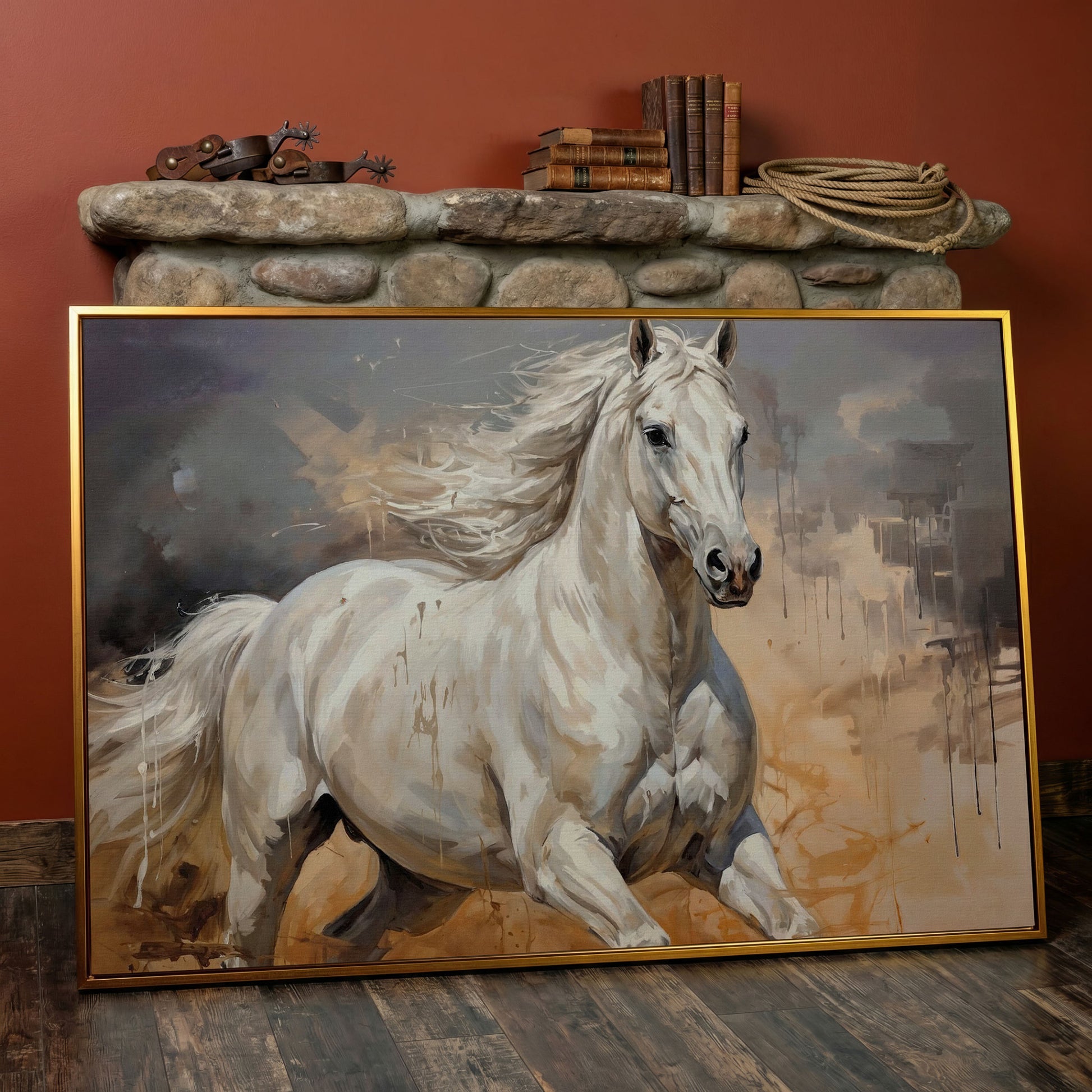 Running White Horse Abstract Canvas Art, Western Equestrian Wall Art in antique gold floating frame