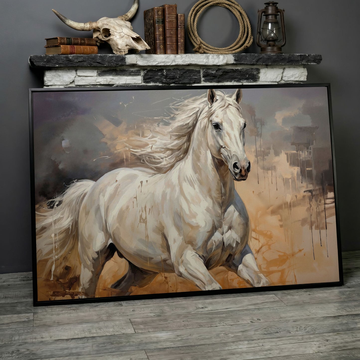 Running White Horse Abstract Canvas Art, Western Equestrian Wall Art in black floating frame