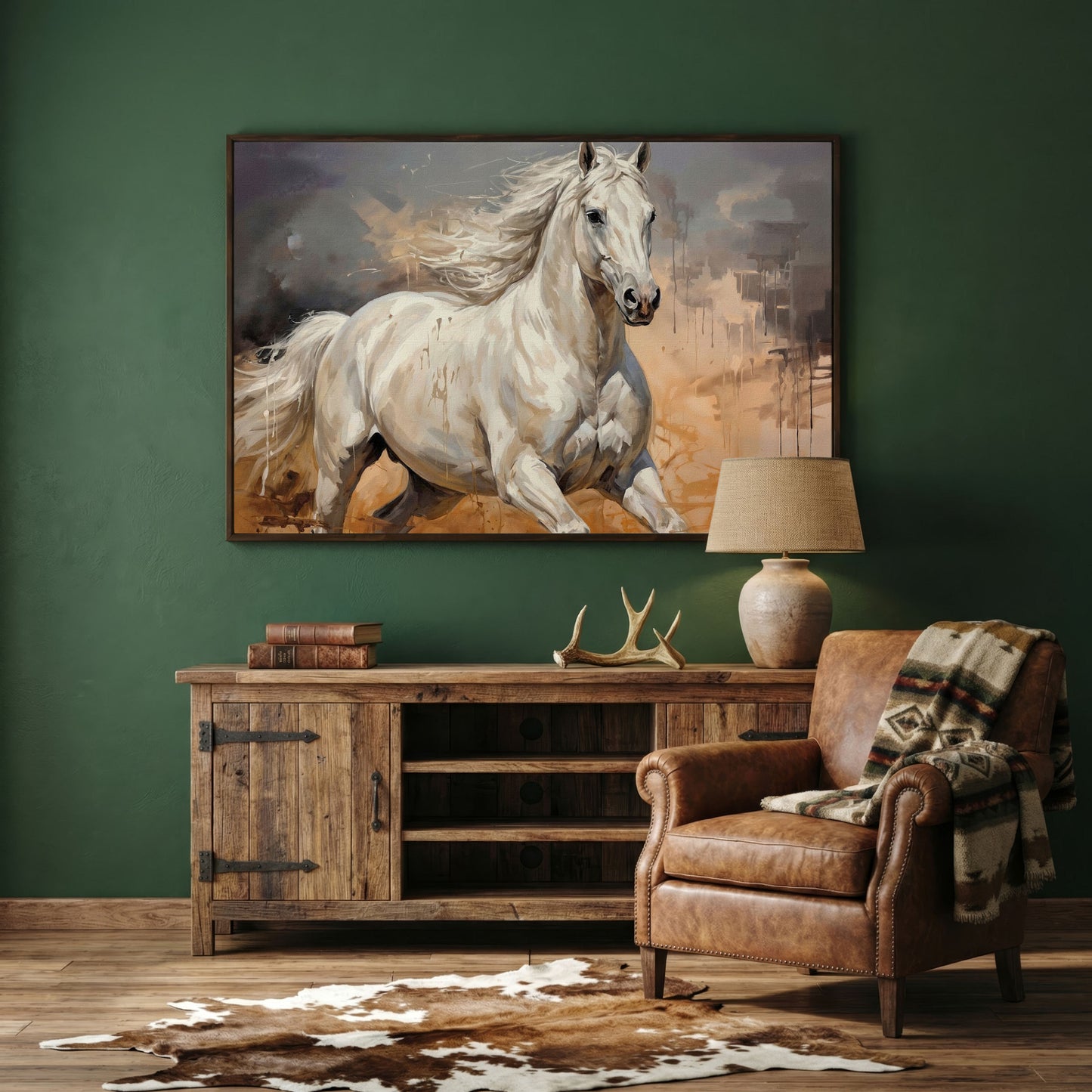 Running White Horse Abstract Canvas Art, Western Equestrian Wall Art in dark walnut floating frame