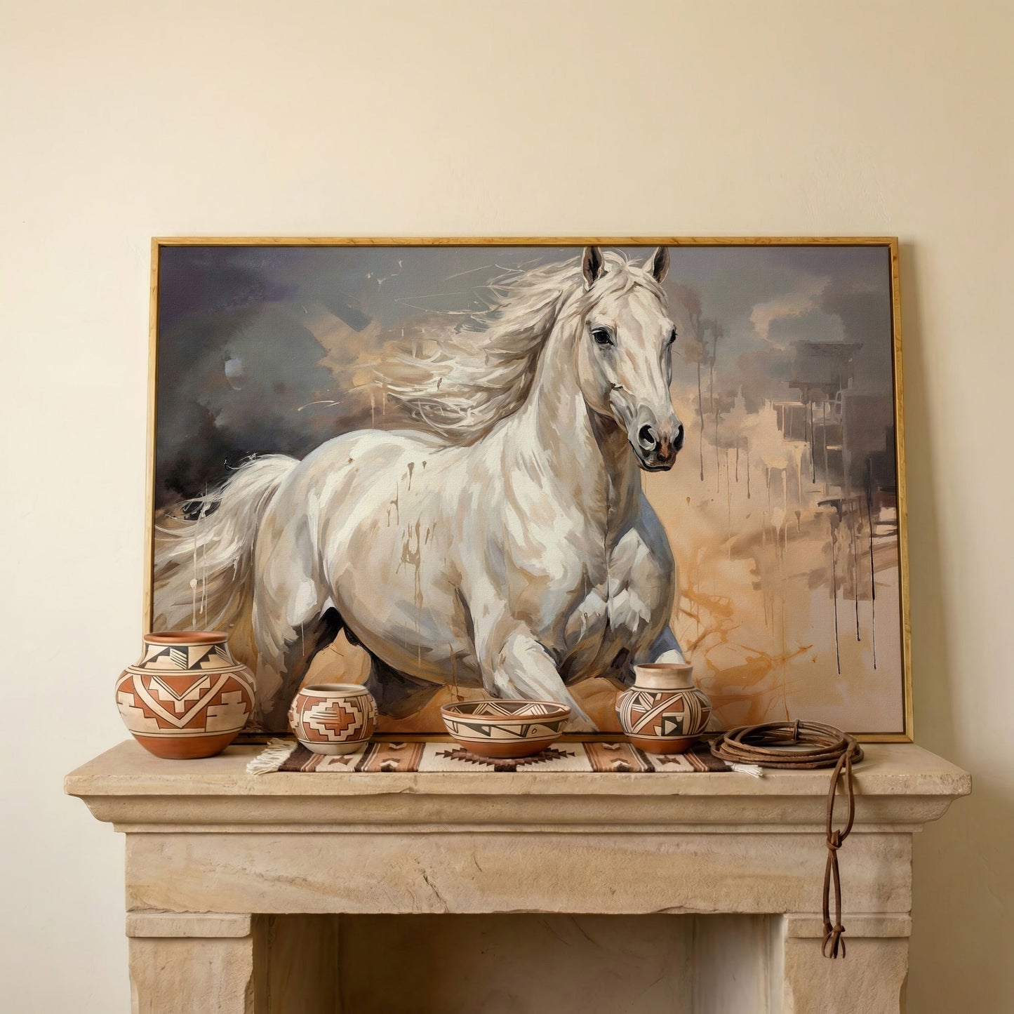 Running White Horse Abstract Canvas Art, Western Equestrian Wall Art in white oak floating frame