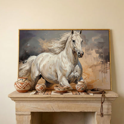 Running White Horse Abstract Canvas Art, Western Equestrian Wall Art in white oak floating frame