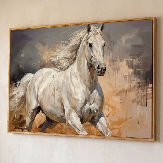 Running White Horse Abstract Canvas Art, Western Equestrian Wall Art shown in white oak floating frame