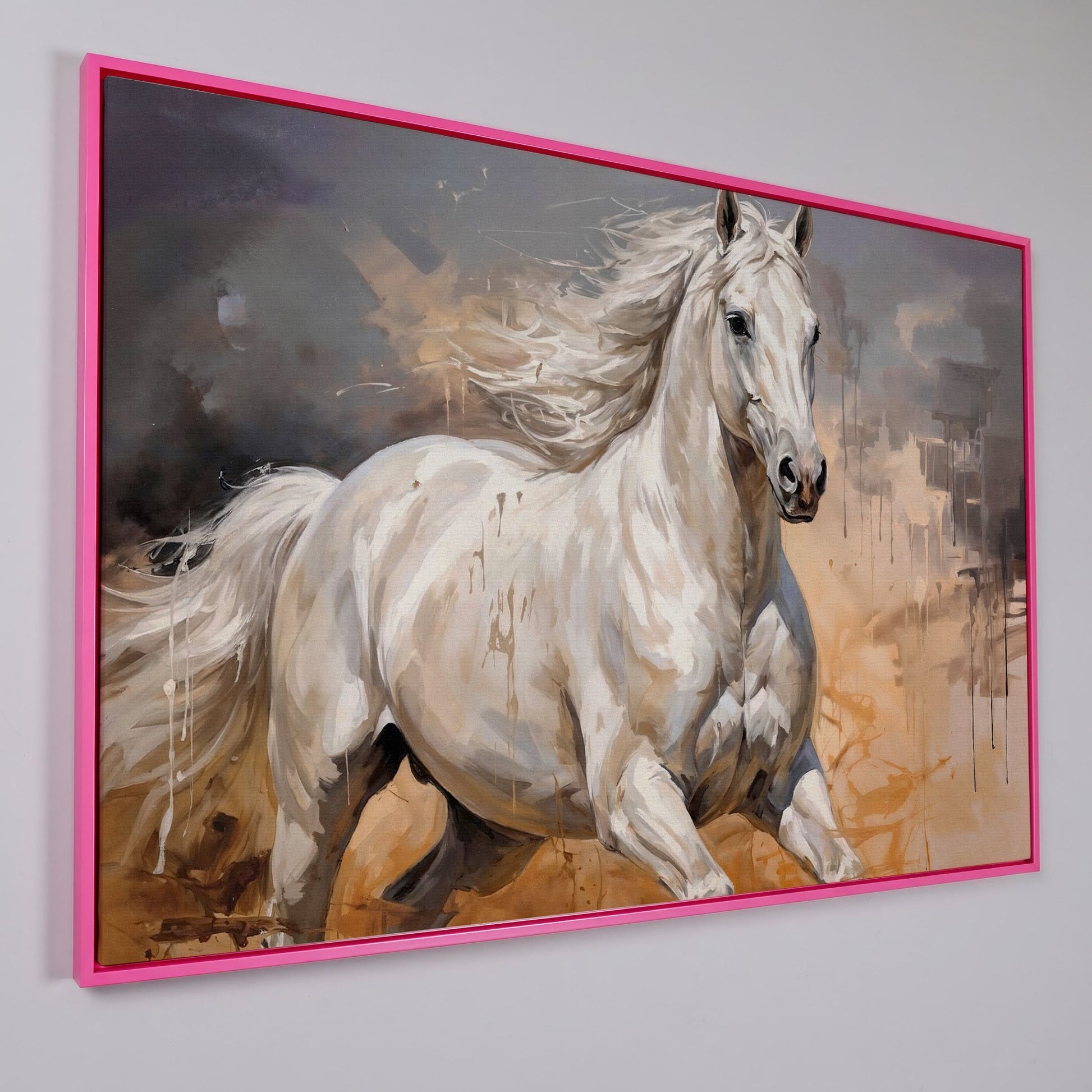 Running White Horse Abstract Canvas Art, Western Equestrian Wall Art in pink floating frame
