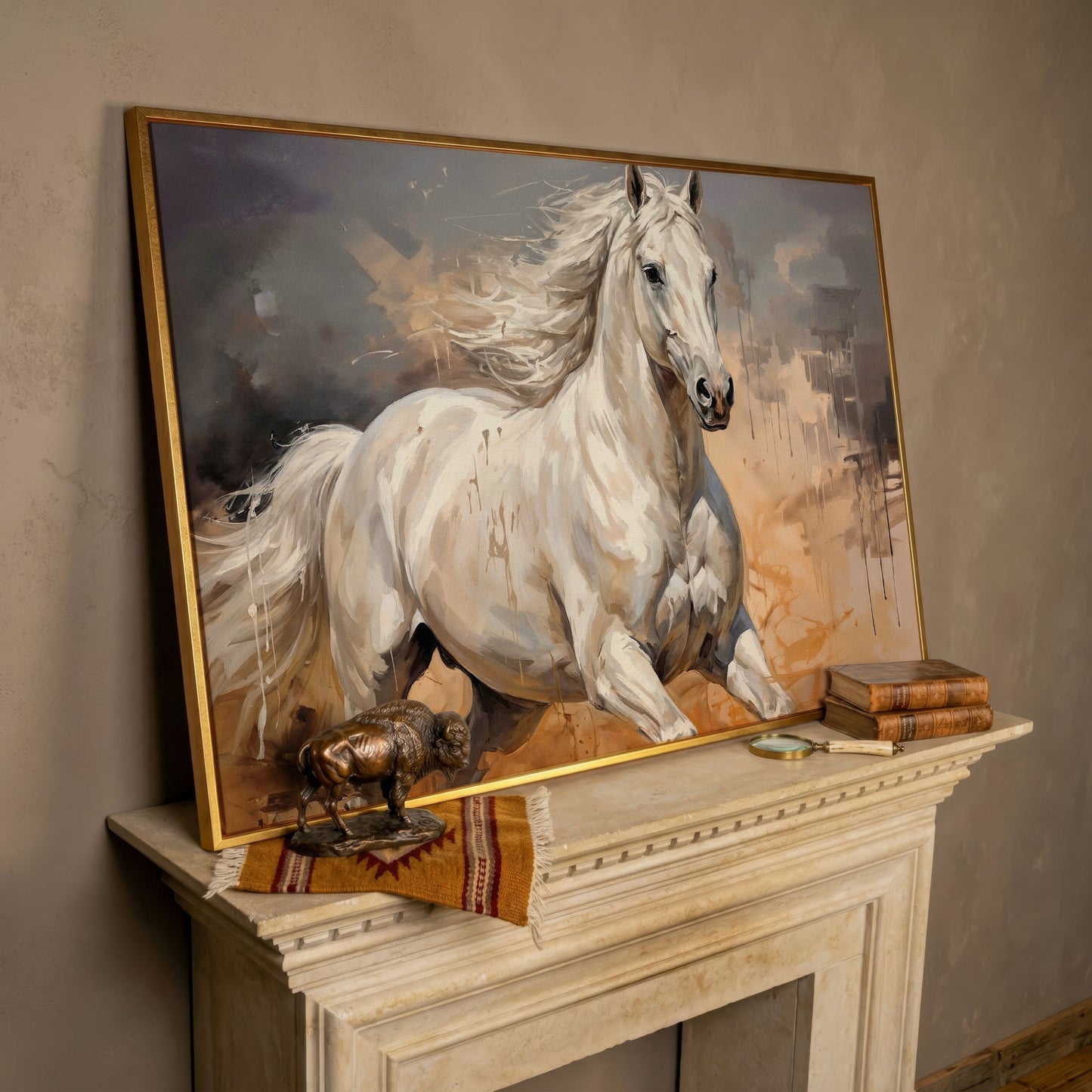 Running White Horse Abstract Canvas Art, Western Equestrian Wall Art in rose gold floating frame
