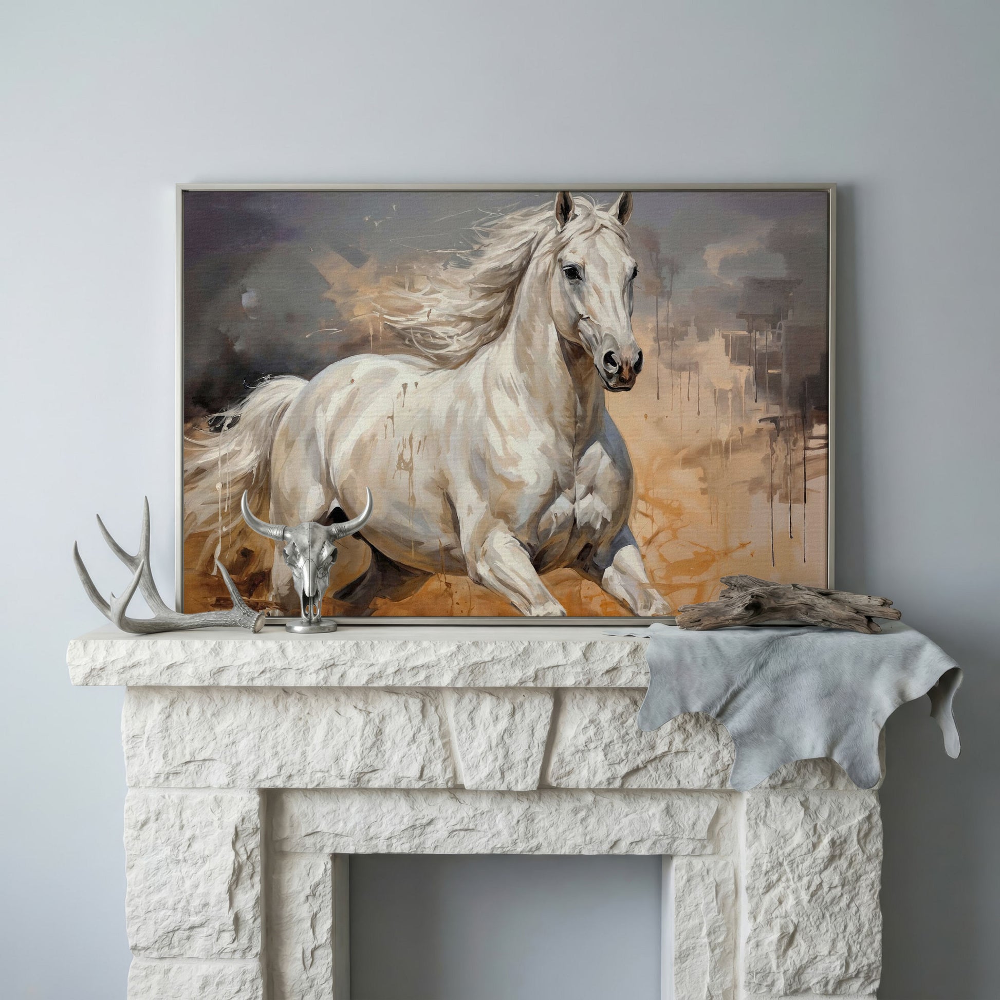 Running White Horse Abstract Canvas Art, Western Equestrian Wall Art in silver floating frame