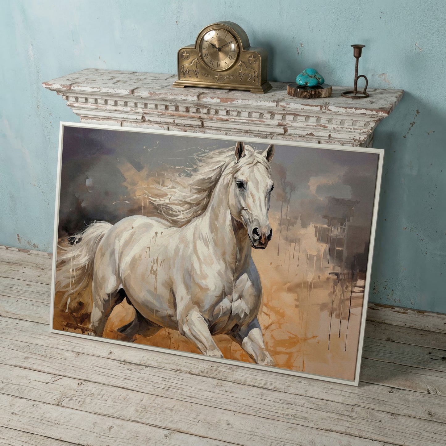 Running White Horse Abstract Canvas Art, Western Equestrian Wall Art in white floating frame
