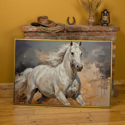 Running White Horse Abstract Canvas Art, Western Equestrian Wall Art in yellow gold floating frame