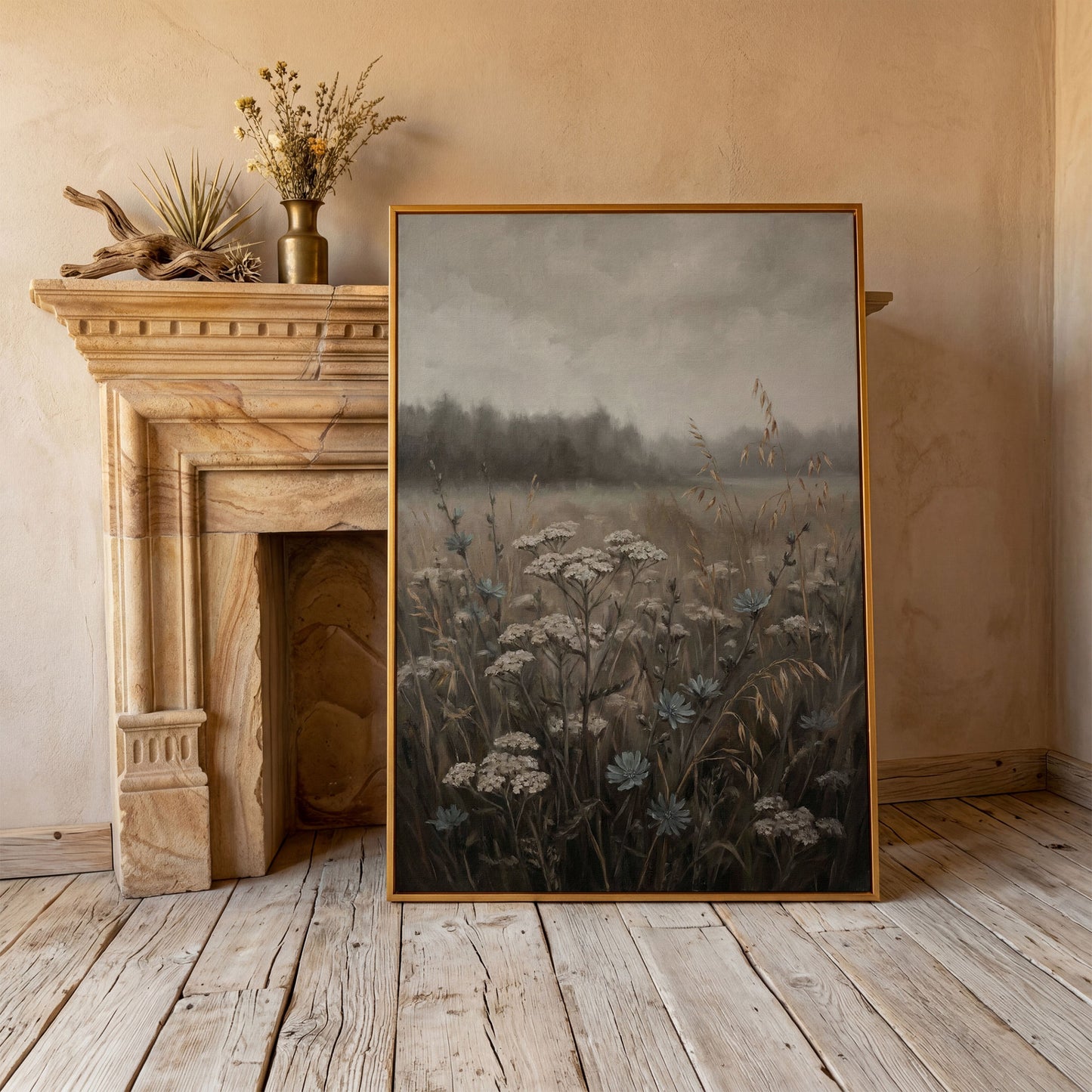 Wildflower Field at Dusk. Botanical Landscape Canvas Art in antique gold floating frame