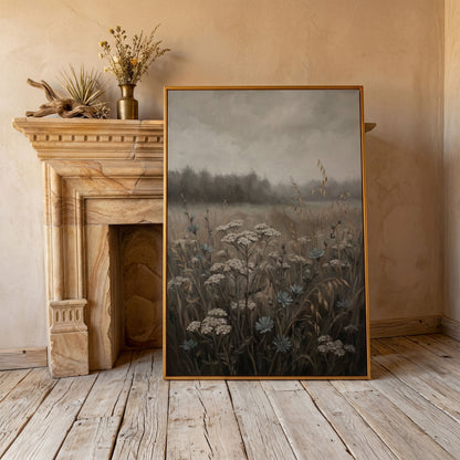 Wildflower Field at Dusk. Botanical Landscape Canvas Art in antique gold floating frame