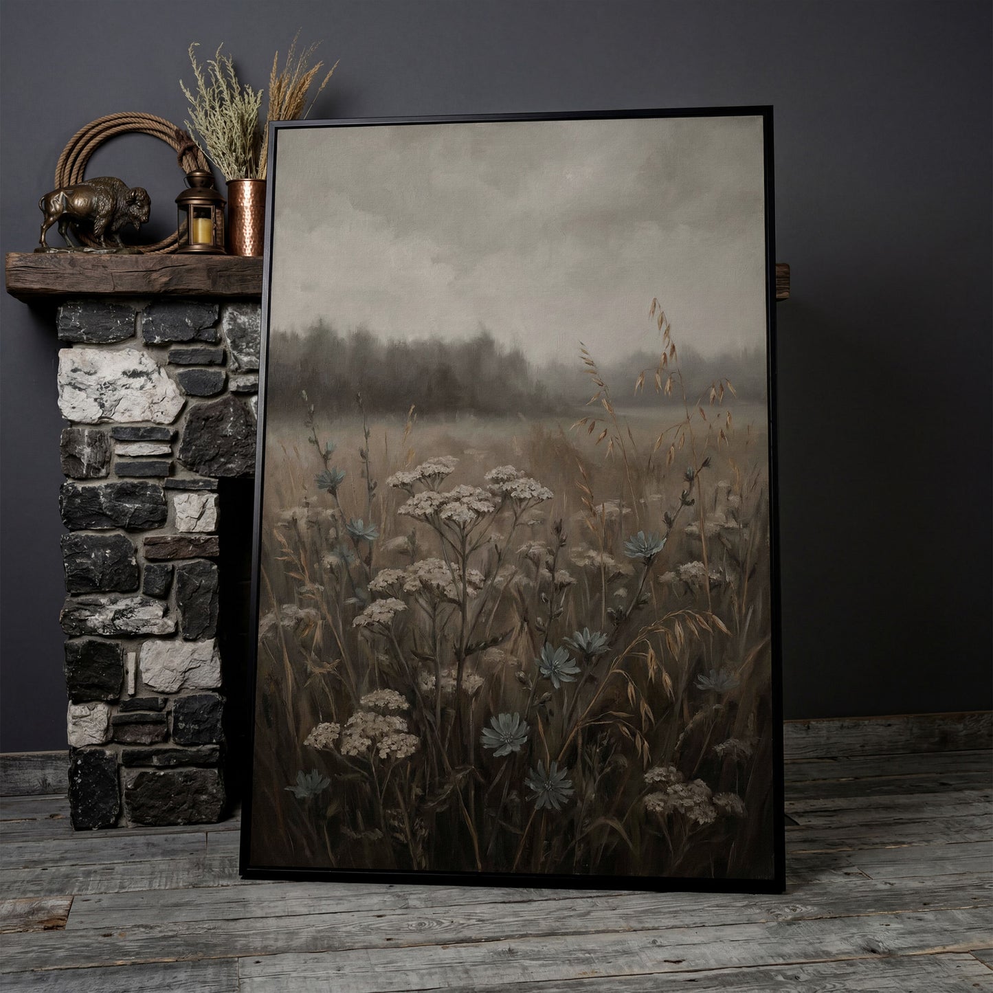 Wildflower Field at Dusk. Botanical Landscape Canvas Art in black floating frame