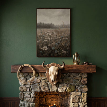 Wildflower Field at Dusk. Botanical Landscape Canvas Art in dark walnut floating frame