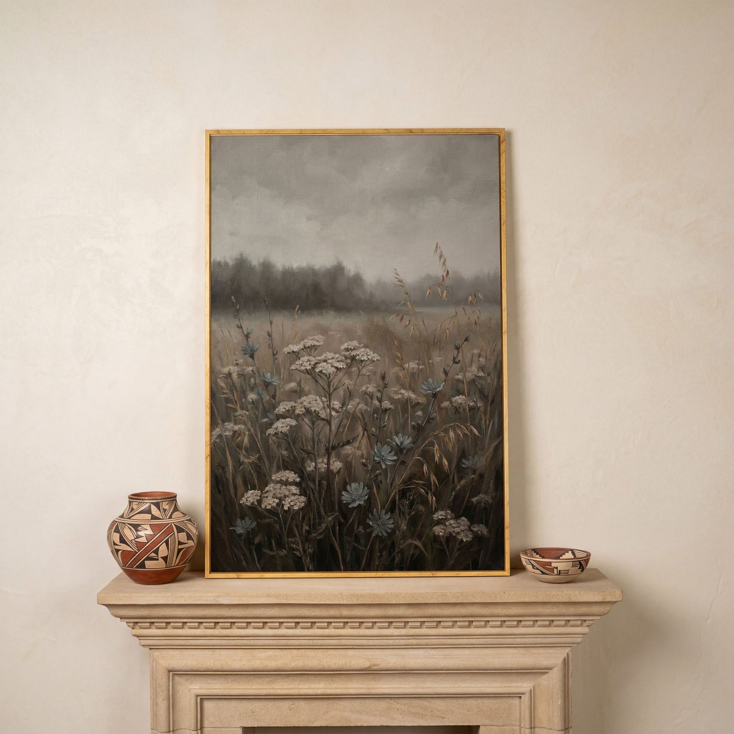 Wildflower Field at Dusk. Botanical Landscape Canvas Art in white oak floating frame