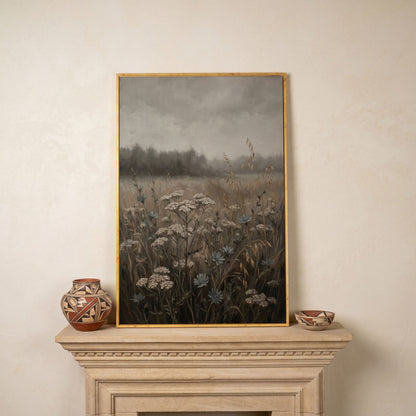 Wildflower Field at Dusk. Botanical Landscape Canvas Art in white oak floating frame