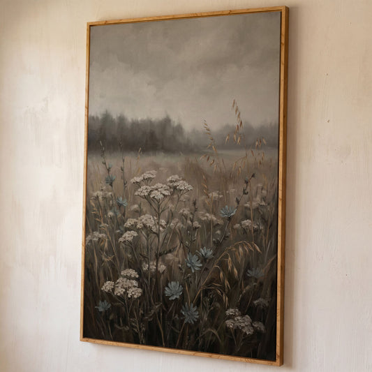 Wildflower Field at Dusk. Botanical Landscape Canvas Art shown in white oak floating frame