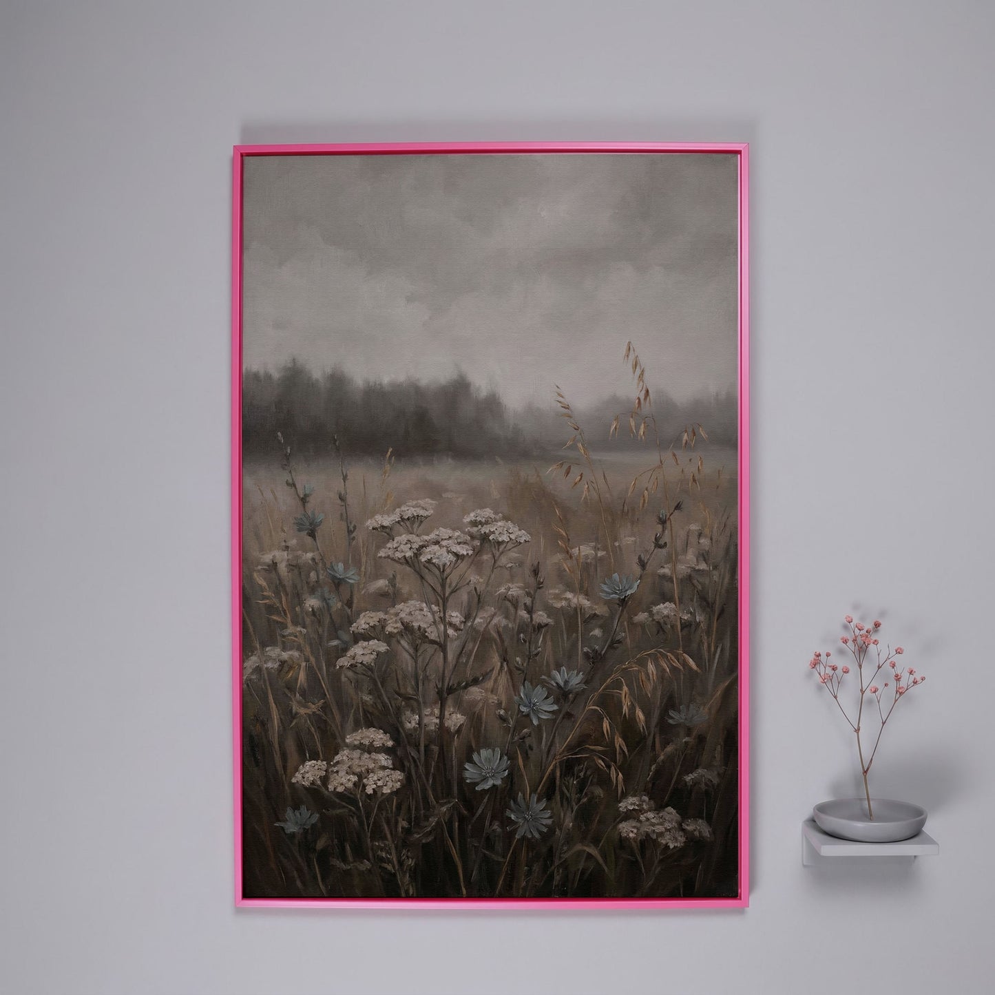 Wildflower Field at Dusk. Botanical Landscape Canvas Art in pink floating frame