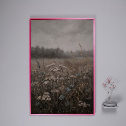Wildflower Field at Dusk. Botanical Landscape Canvas Art in pink floating frame
