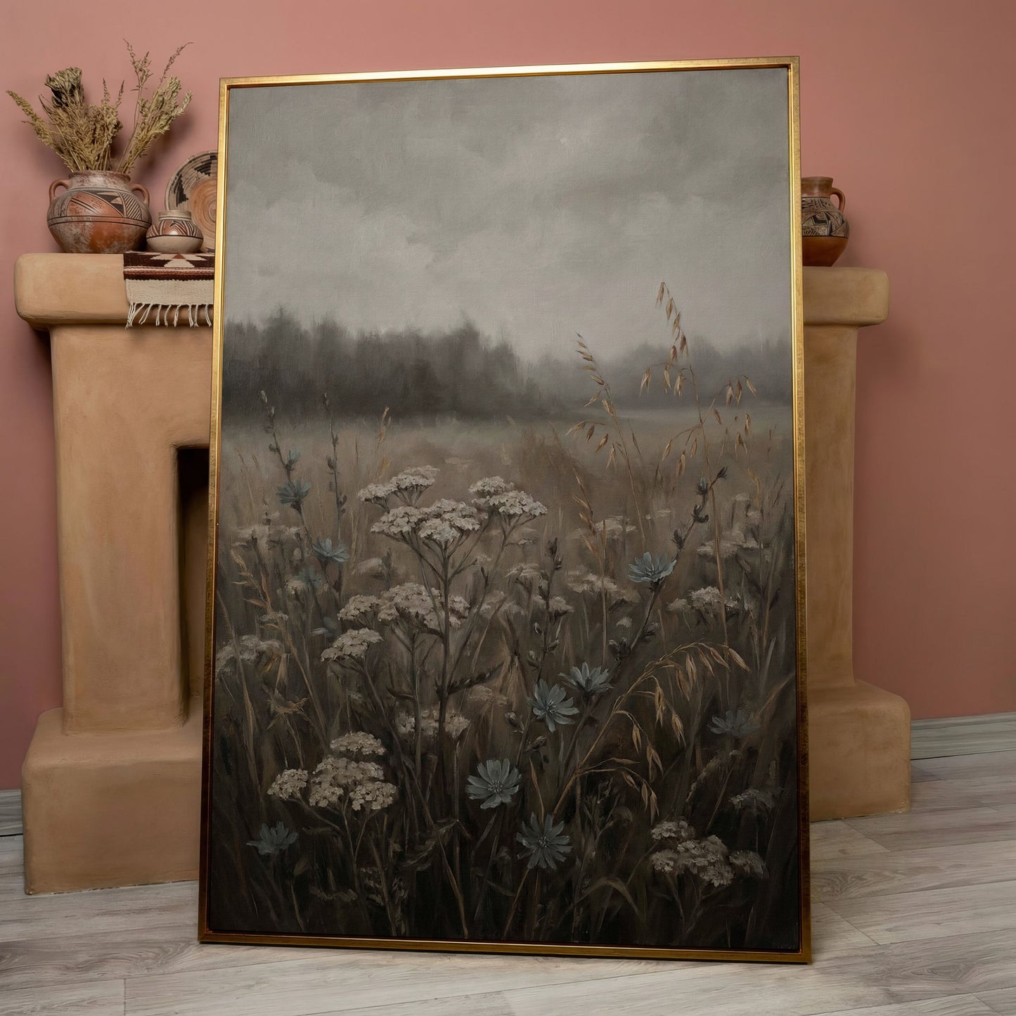 Wildflower Field at Dusk. Botanical Landscape Canvas Art in rose gold floating frame