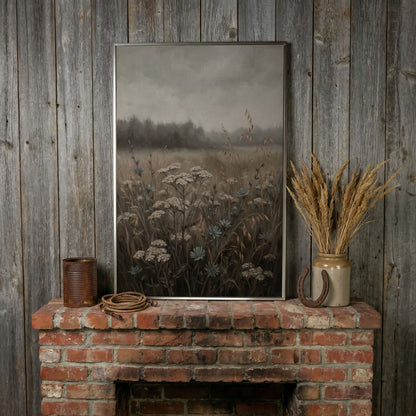 Wildflower Field at Dusk. Botanical Landscape Canvas Art in silver floating frame