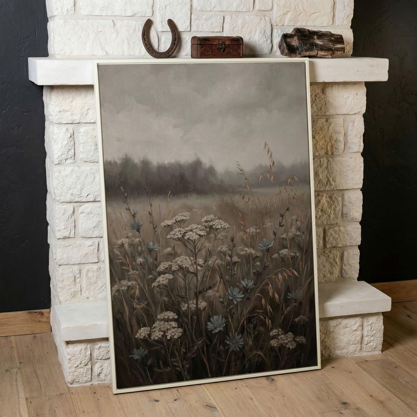Wildflower Field at Dusk. Botanical Landscape Canvas Art in white floating frame