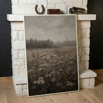 Wildflower Field at Dusk. Botanical Landscape Canvas Art in white floating frame