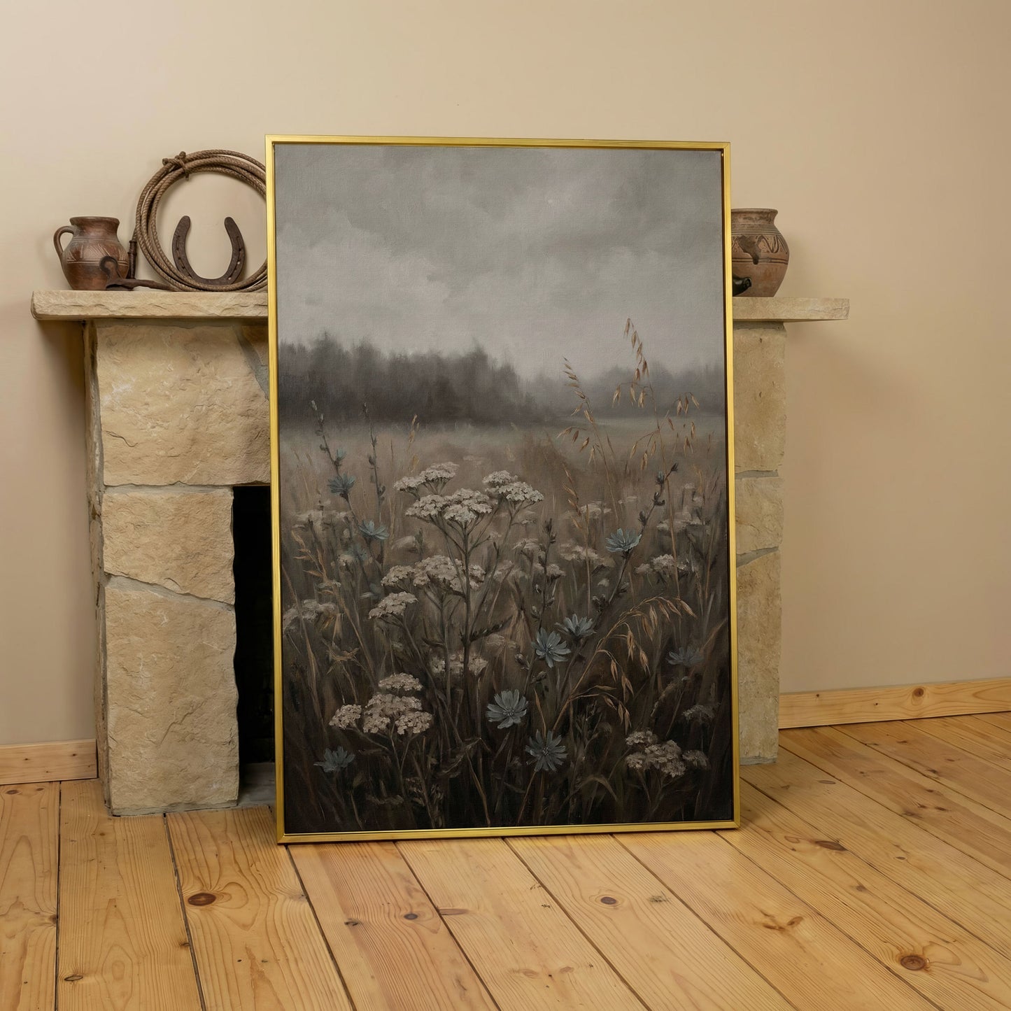 Wildflower Field at Dusk. Botanical Landscape Canvas Art in yellow gold floating frame