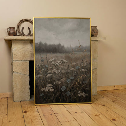 Wildflower Field at Dusk. Botanical Landscape Canvas Art in yellow gold floating frame