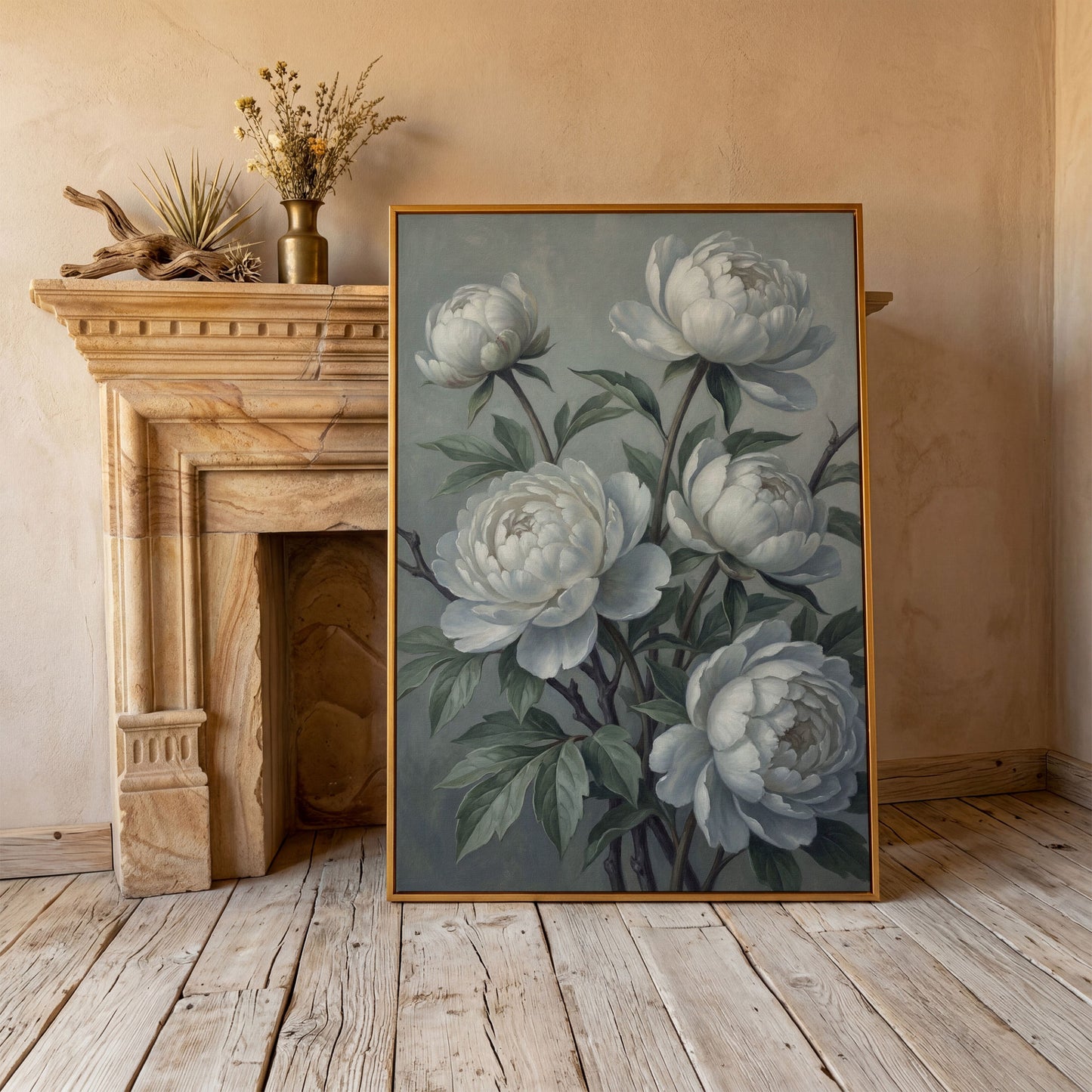 White Peonies in Bloom, Floral Still Life Canvas Wall Art in antique gold floating frame