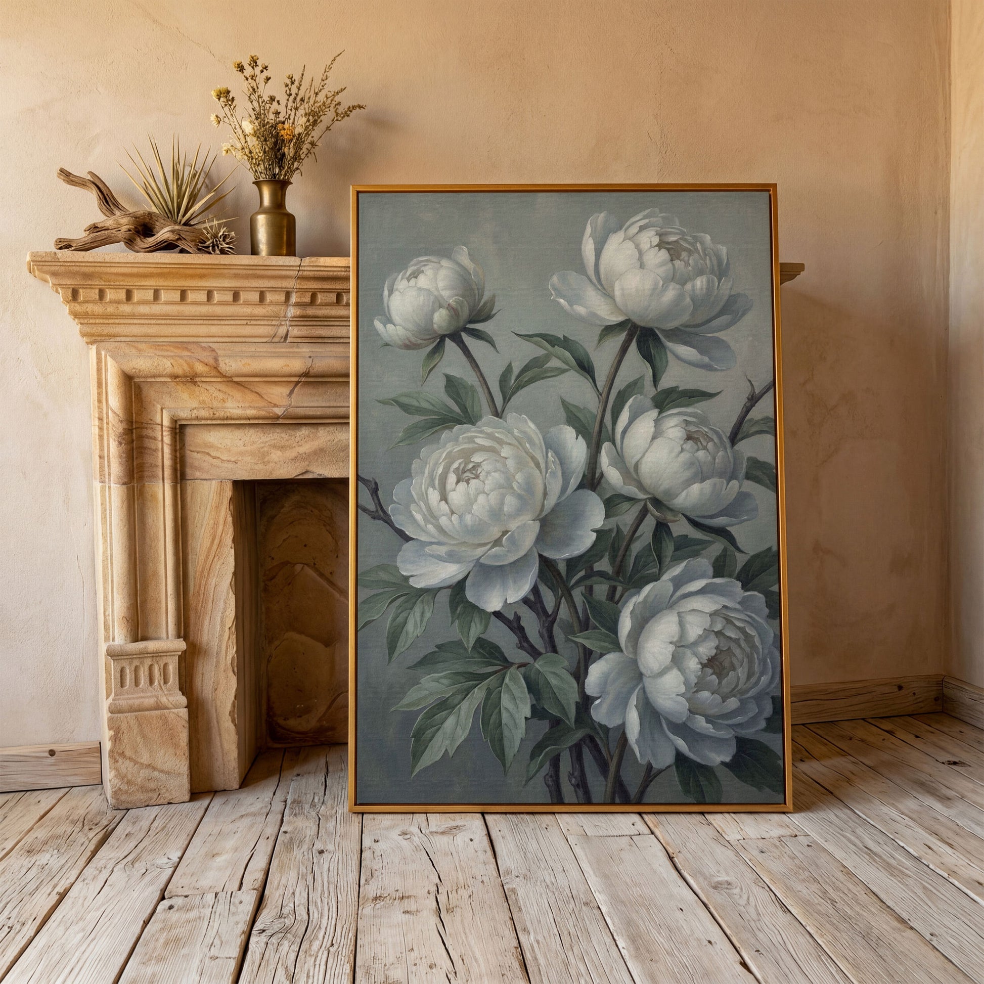White Peonies in Bloom, Floral Still Life Canvas Wall Art in antique gold floating frame