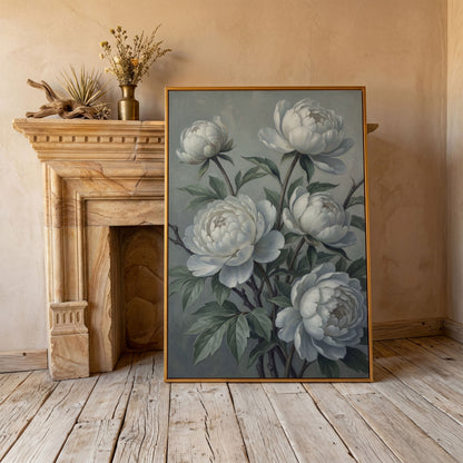 White Peonies in Bloom, Floral Still Life Canvas Wall Art in antique gold floating frame