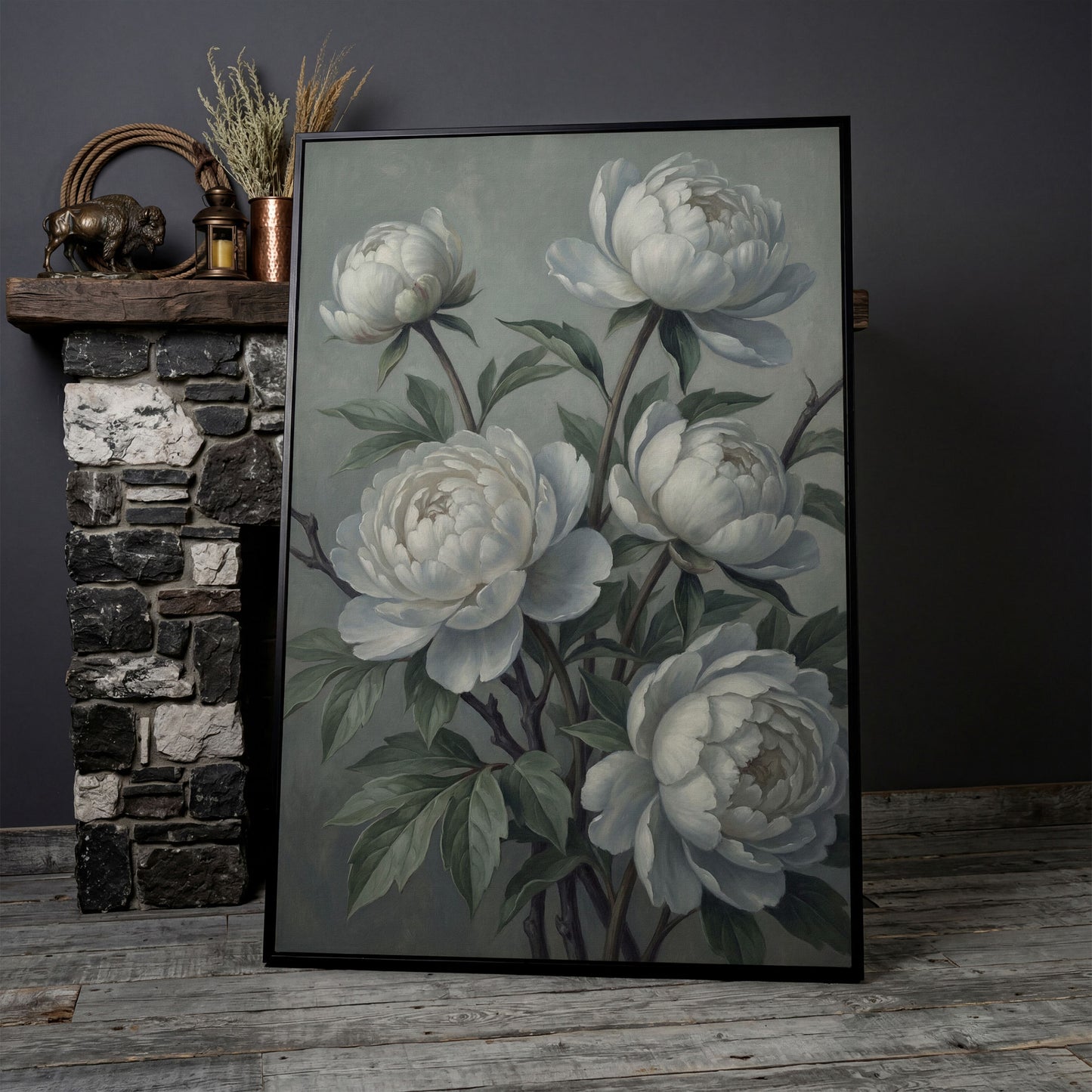 White Peonies in Bloom, Floral Still Life Canvas Wall Art in black floating frame