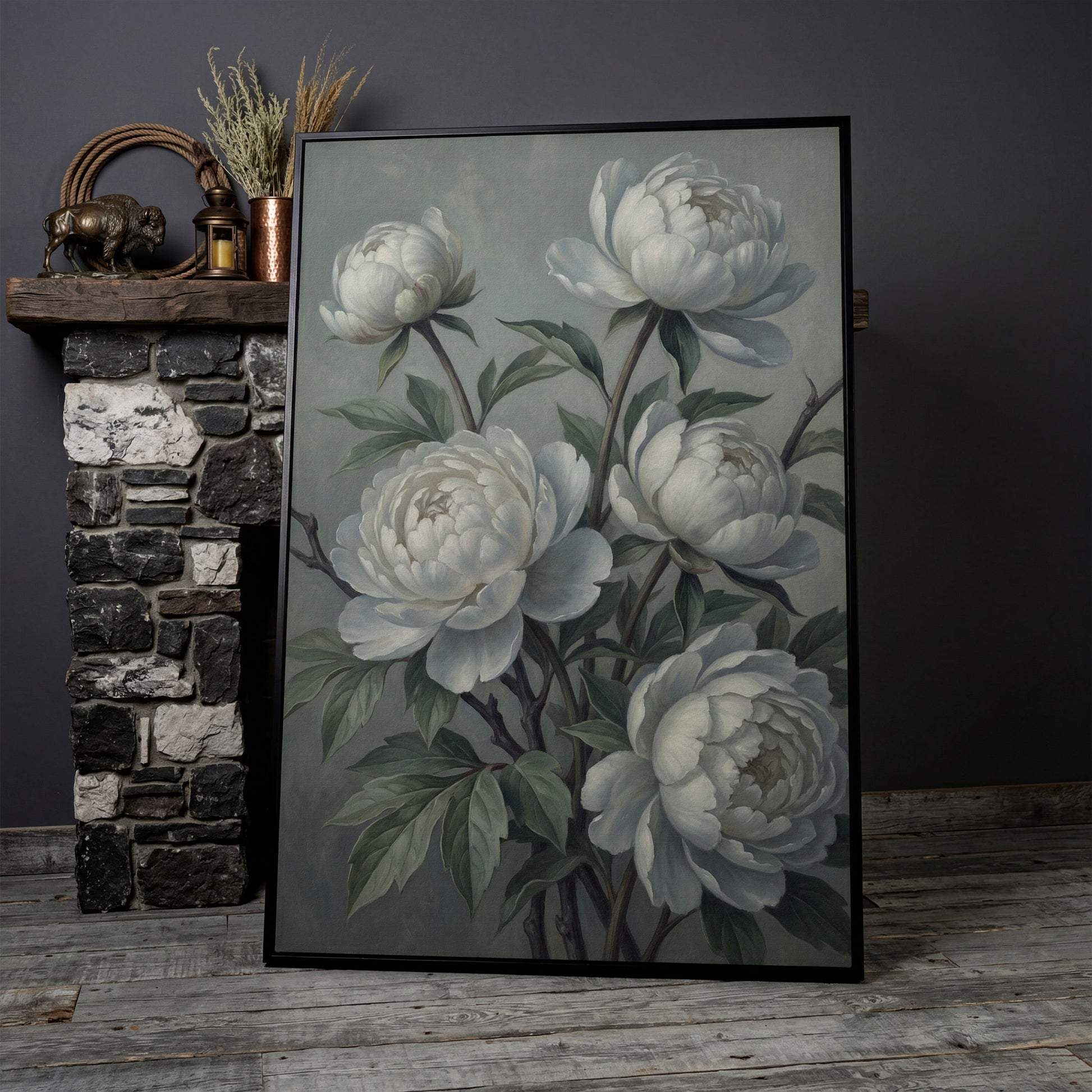 White Peonies in Bloom, Floral Still Life Canvas Wall Art in black floating frame