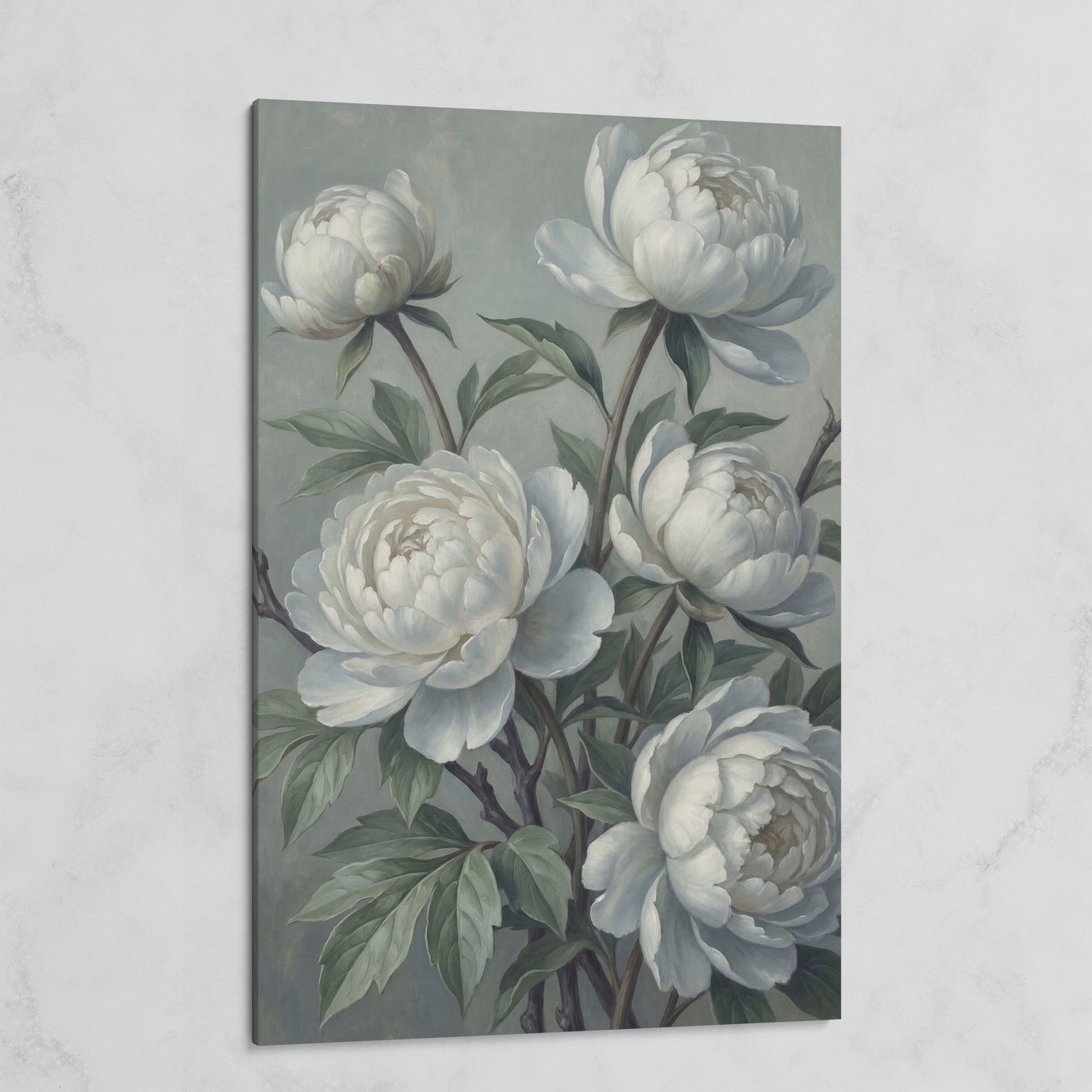 White Peonies in Bloom, Floral Still Life Canvas Wall Art on gallery wrap