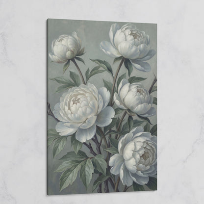 White Peonies in Bloom, Floral Still Life Canvas Wall Art on gallery wrap